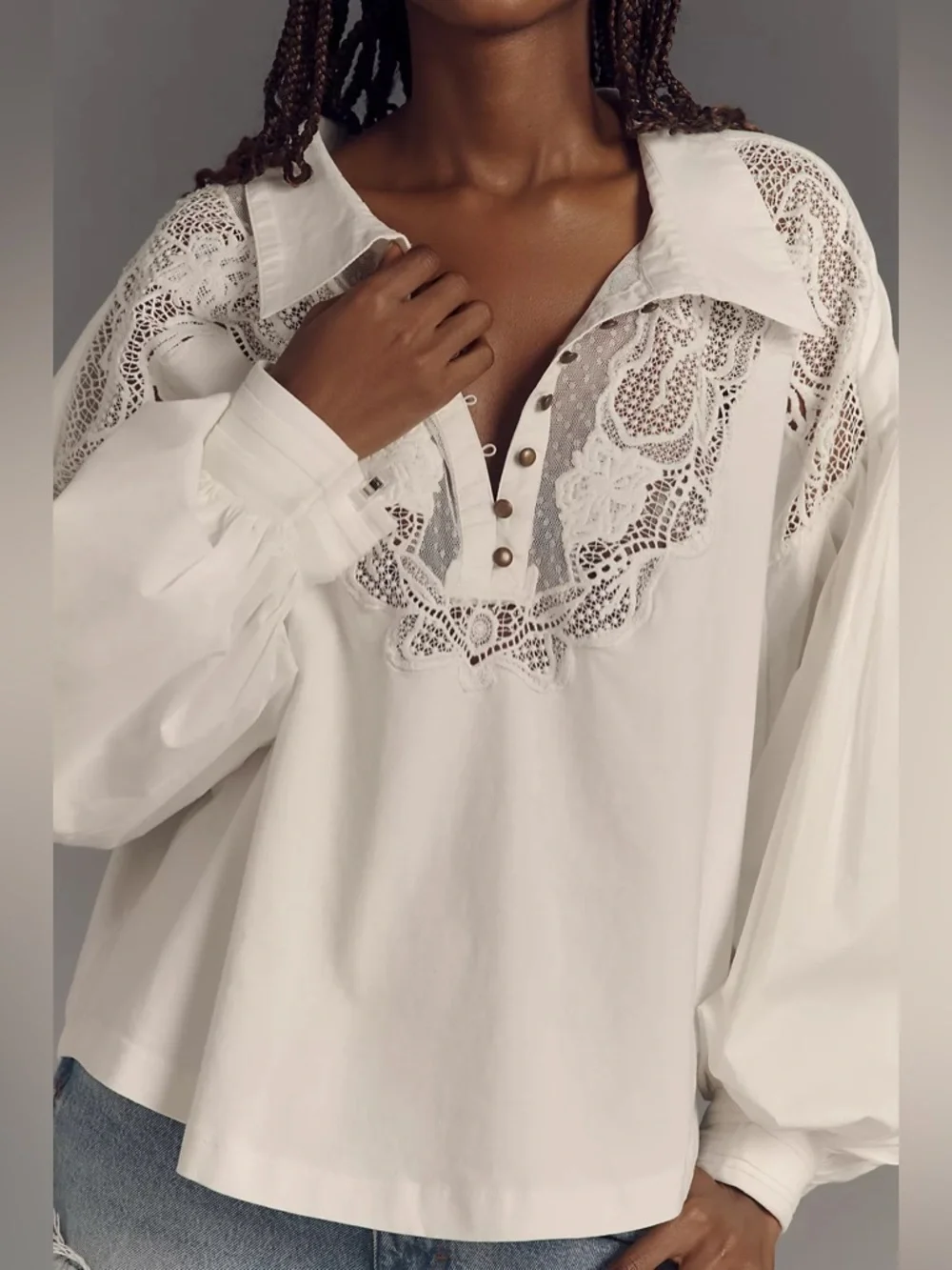 Maeve Anthropologie Balloon-Sleeve Collared Yoke Top white size L